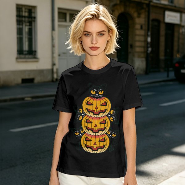 Olive Halloween T-Shirt with Stacked Jack-o'-Lanterns and Black Cats