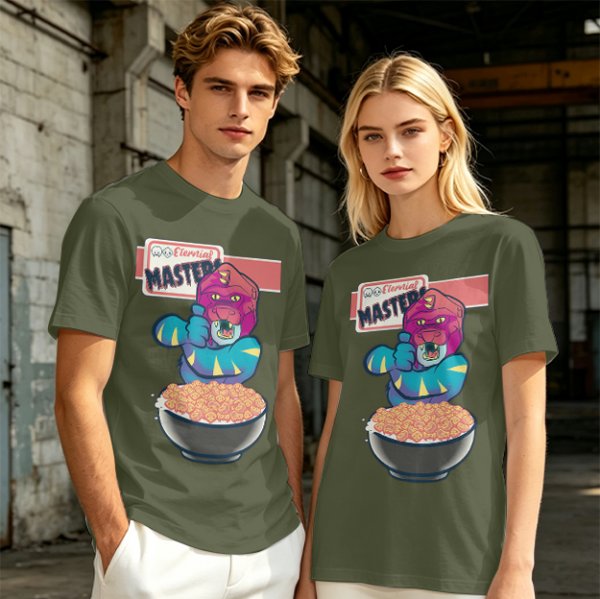 Olive T-Shirt With Cartoon Monster Cereal Bowl Graphic And Eternal Masters Text