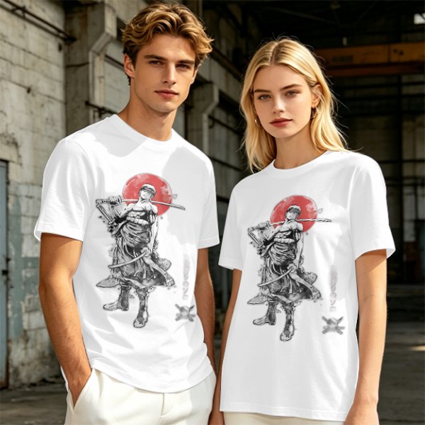 Olive T-shirt with Samurai Swordsman and Red Sun Print