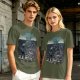 Olive T-shirt with two warriors standing in water holding swords