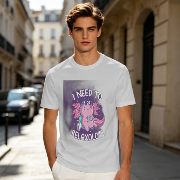 Olive t-shirt with axolotl 'I need to relaxolotl' graphic