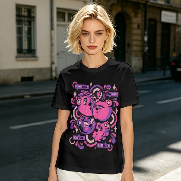 Olive T-shirt with playful bear-fruit graphic print