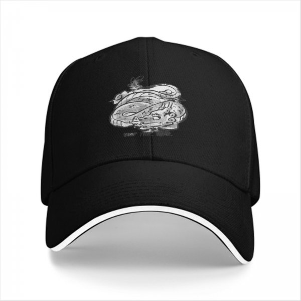 Black Baseball Cap With White Swirling Dragon Artwork