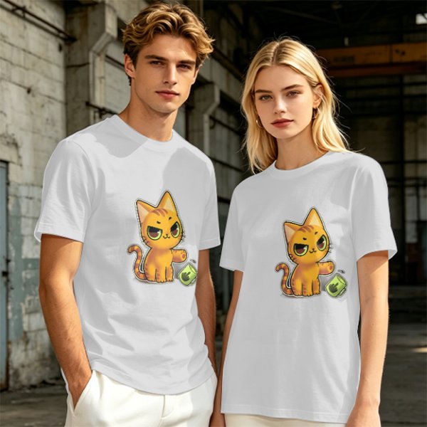 Olive T-shirt with mischievous orange cat knocking over green cup print