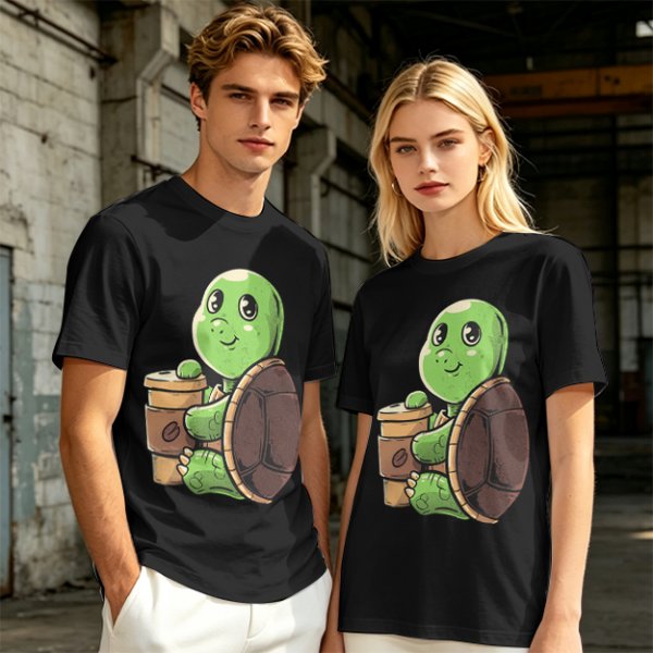 Olive Green T-Shirt With Cute Turtle Holding Coffee Cup Print