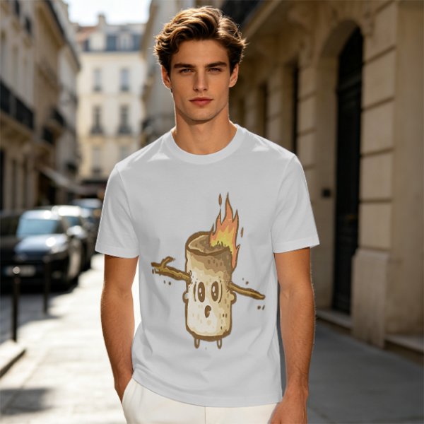 Olive T-Shirt With Surprised Burning Marshmallow Graphic