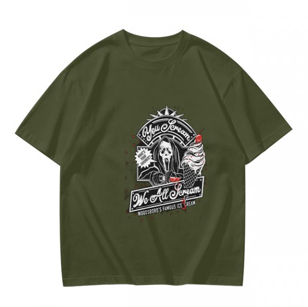 Olive green graphic t-shirt with horror ice cream themed print