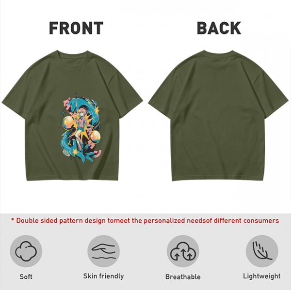 Olive anime graphic t-shirt with vibrant fantasy character art