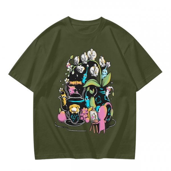 Olive T-Shirt With Whimsical Pikmin Themed Tea Party Art