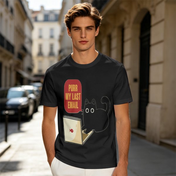 Black cat typing on laptop with 'Purr My Last Email' graphic t-shirt