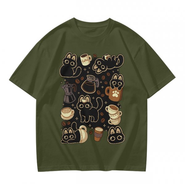 Olive T-Shirt With Cute Black Cats And Coffee Themed Print
