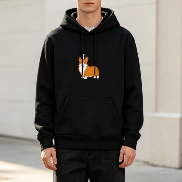 Black Hoodie With Cute Corgi Dog Graphic Print