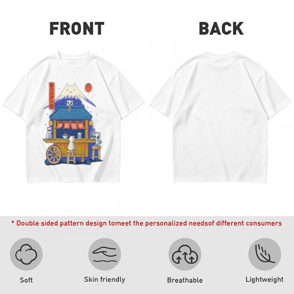 Olive t-shirt with cat ramen stall and Mount Fuji graphic