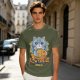 Olive green t-shirt with cute gray cat holding taiyaki graphic