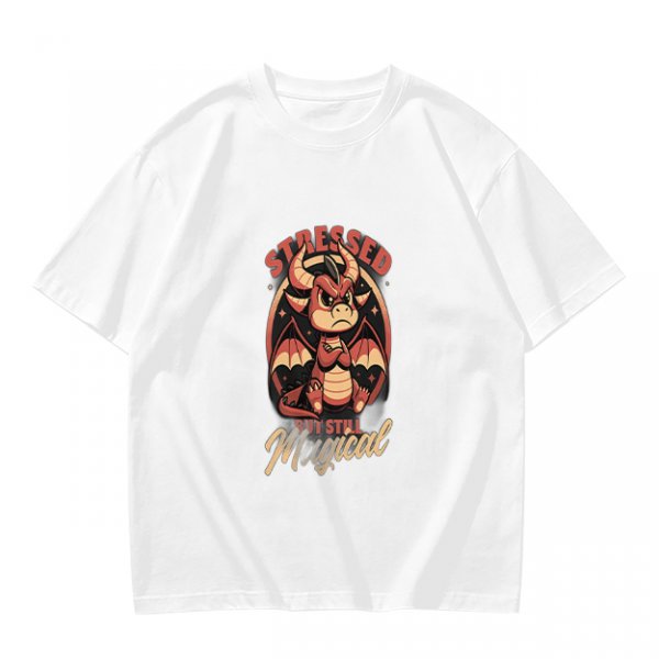 Olive graphic t-shirt with stressed but still magical dragon print