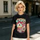 Olive t-shirt with spooky skull bubble tea graphic and Japanese text