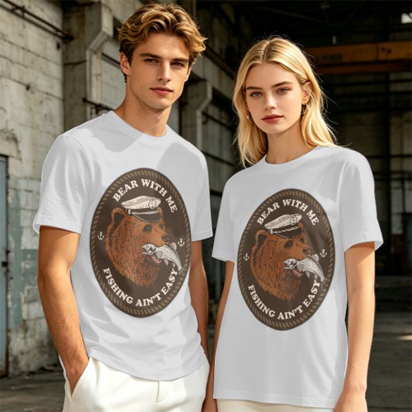 Olive t-shirt with bear captain fishing pun graphic
