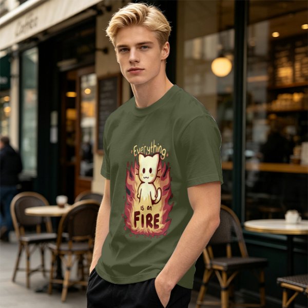 Olive Graphic T-Shirt With Everything Is On Fire Cat Design