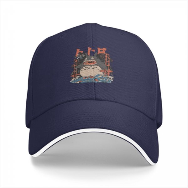 Black baseball cap with Totoro graphic and Japanese text print