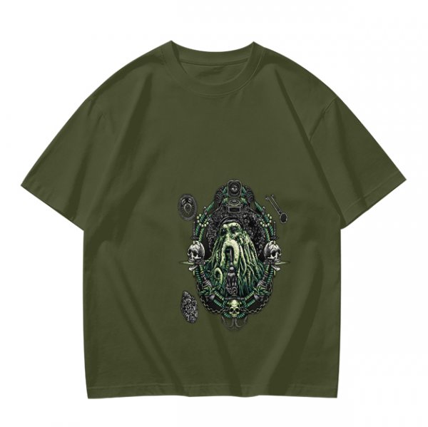 Olive Green T-Shirt with Octopus Skull Pirate Art Print