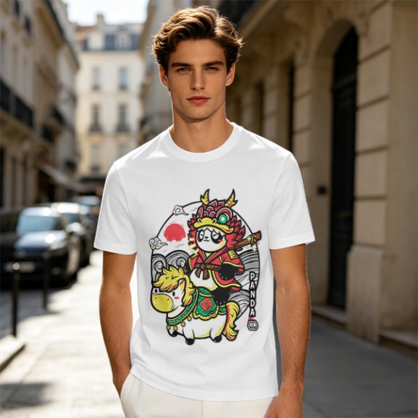 Olive T-shirt with Panda Warrior Riding Mythical Horse Graphic