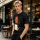 Black cat typing on laptop with 'Purr My Last Email' graphic t-shirt