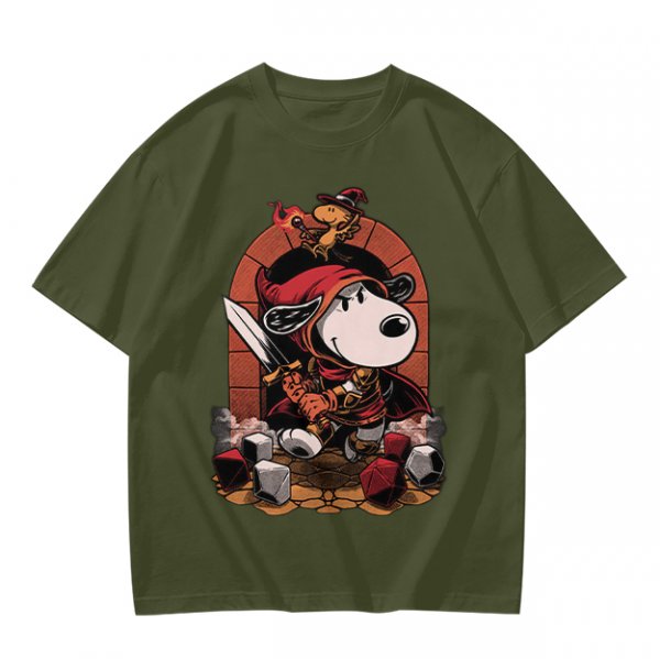 Olive T-Shirt Featuring Snoopy as a Fantasy Warrior with Woodstock