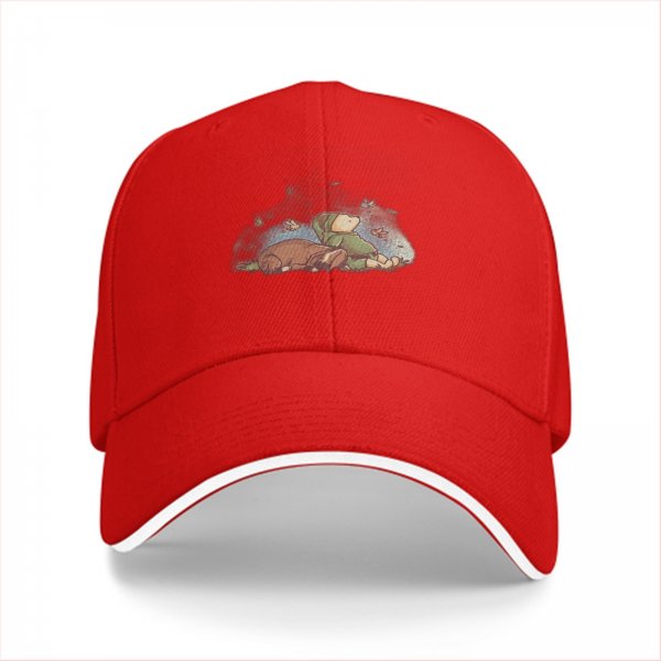 Black baseball cap with whimsical sleeping character and butterfly print