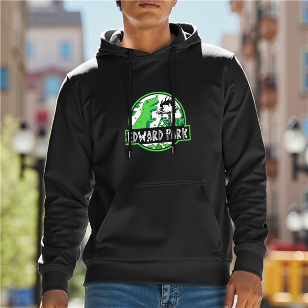 Black hoodie with Edward Park dinosaur logo graphic