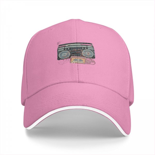 Black Baseball Cap with Retro Boombox and Cassette Print
