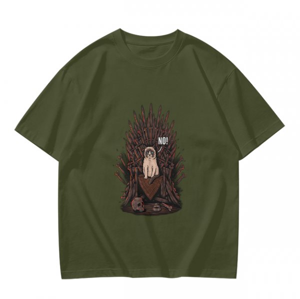 Olive T-shirt with Grumpy Cat on Iron Throne Saying No