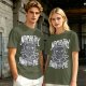 Olive green t-shirt with meditating cat and 'namastay away from me' print