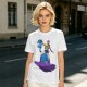 Olive T-shirt with Art Print of Girl Holding Blue Creature on Floating Rock