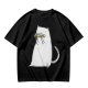 Olive T-Shirt With White Cat Playing Harmonica Graphic