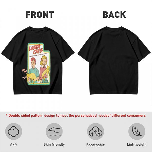 Olive graphic tee with Laser Cats retro comic print of kids holding laser cats