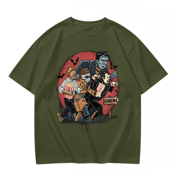 Olive T-Shirt with Classic Horror Monsters Going to Cinema Print