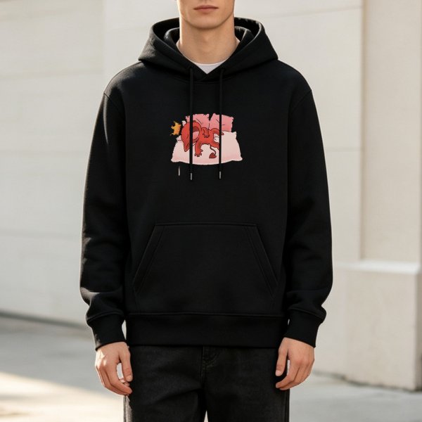 Black hoodie with a sleeping red dragon graphic design