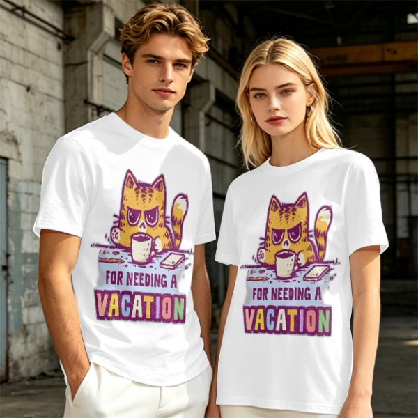 Olive t-shirt with a grumpy cat needing a vacation print