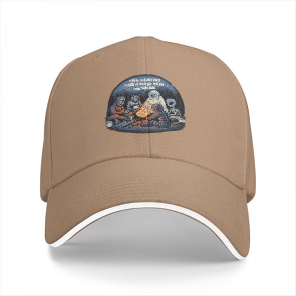 Black baseball cap with cryptid alien campfire graphic design