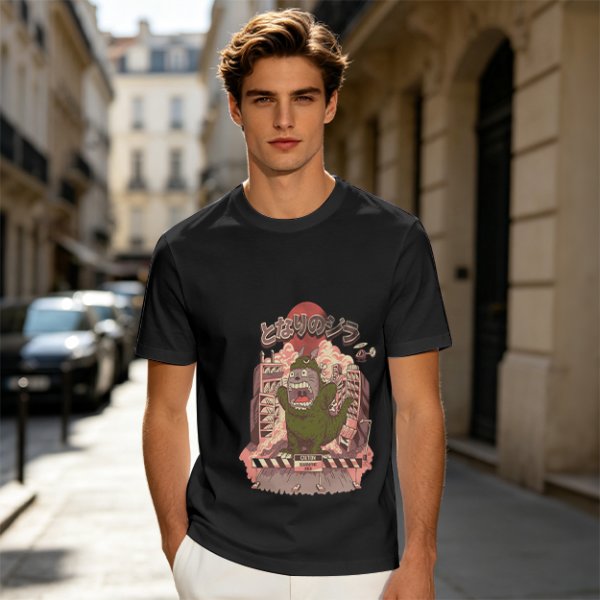 Olive T-shirt with parody monster anime graphic print