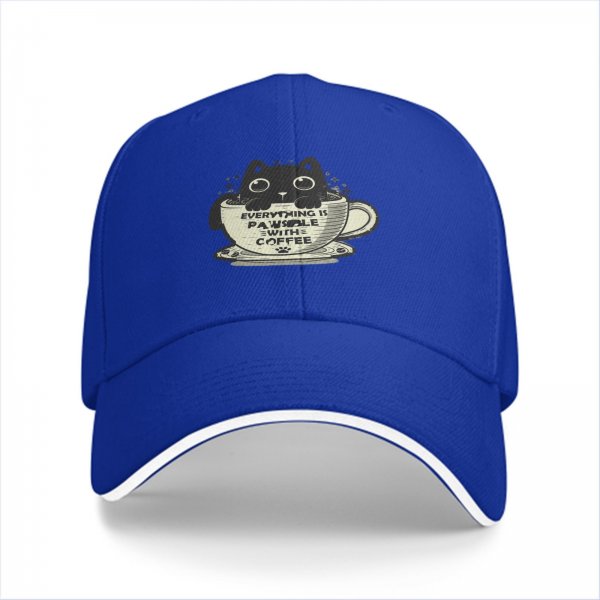Black Baseball Cap With Cat In Coffee Cup 'Everything Is Pawsible With Coffee' Print