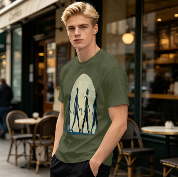 Olive T-shirt with Walking Silhouettes Under a Large Moon