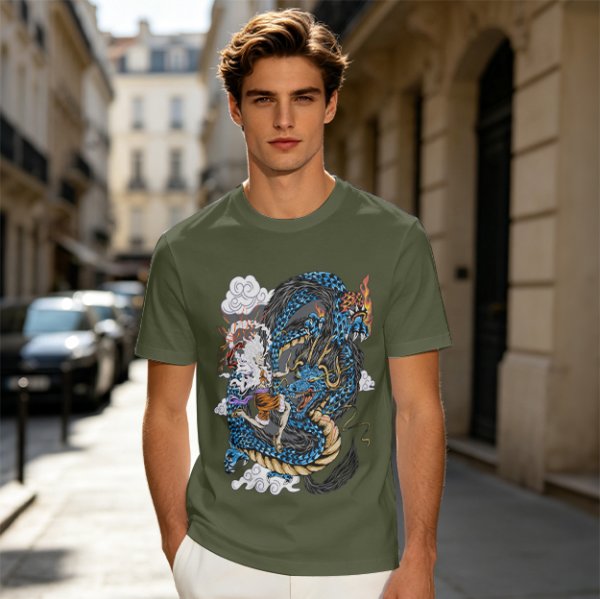 Olive Anime Dragon Graphic Short Sleeve T-Shirt
