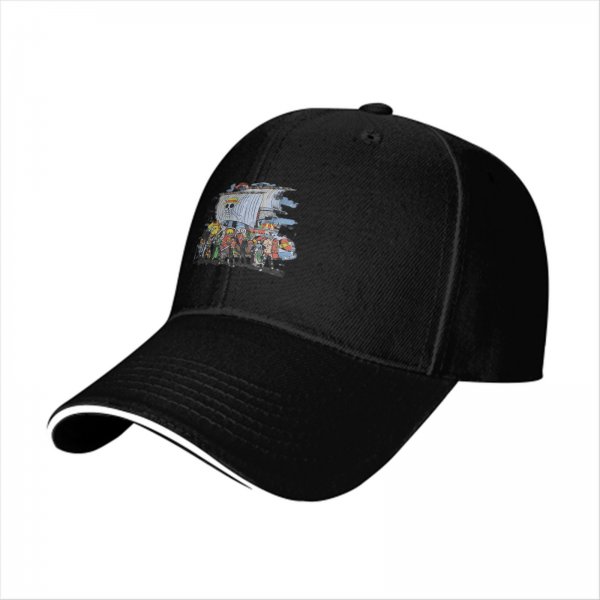 Black Baseball Cap with One Piece Straw Hat Pirates Ship Print