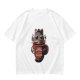 Olive t-shirt with a cartoon cat and coffee cup graphic