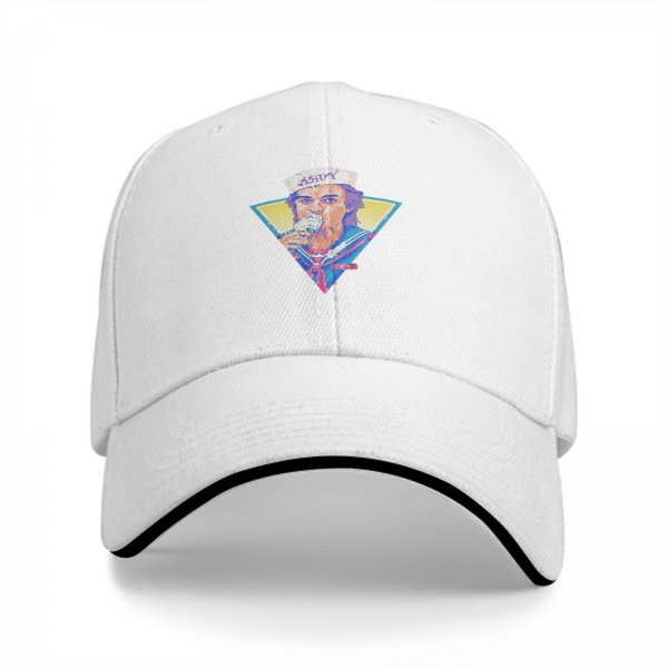 Black baseball cap with Stranger Things Steve Harrington Scoops Ahoy graphic