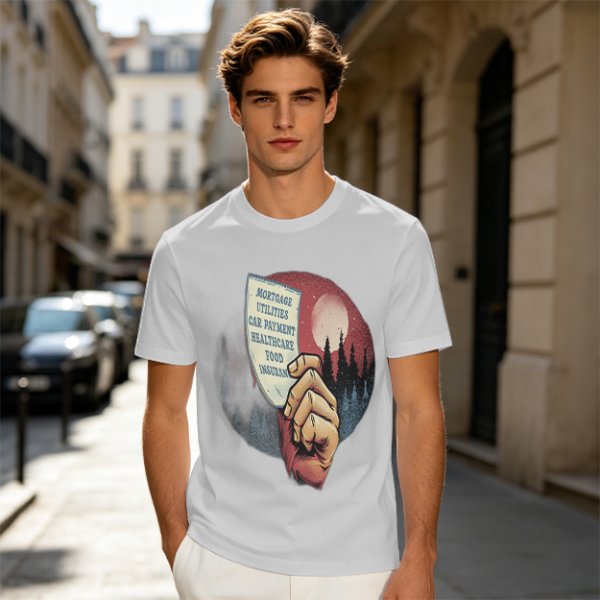 Olive T-Shirt With Hand Holding Bill Of Monthly Expenses Art