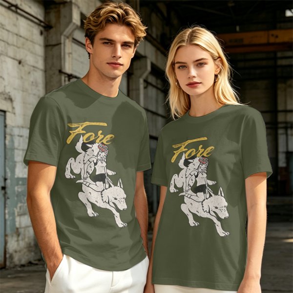 Olive graphic t-shirt with wolf rider and 'Fore' text print