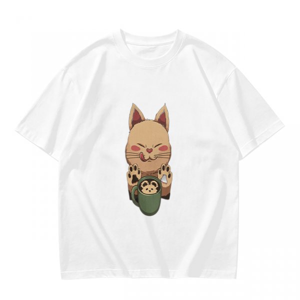 Olive green t-shirt with cute cat holding a mug print