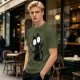 Olive T-shirt with a black cartoon cat holding a bloodied knife